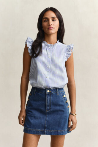 Blusa de algodão às riscas com folhos