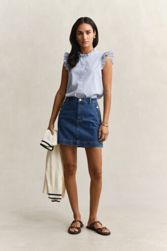 Blusa de algodão às riscas com folhos