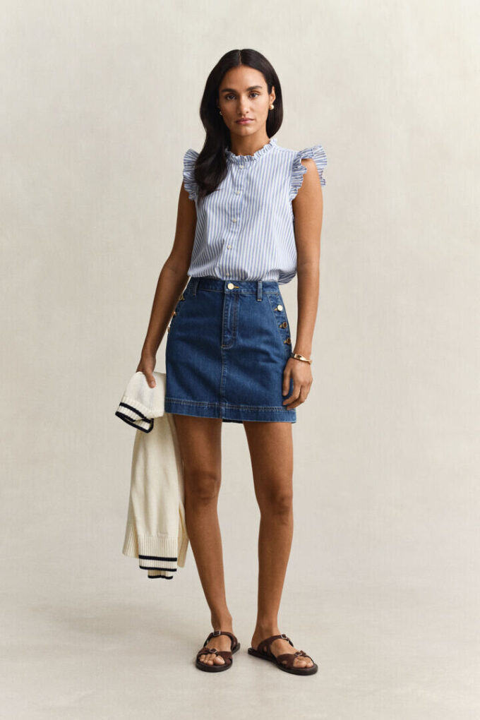 Blusa de algodão às riscas com folhos
