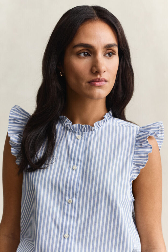 Blusa de algodão às riscas com folhos