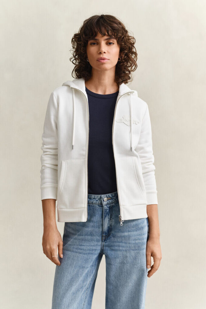 Camisola com capuz e fecho com emblema tonal