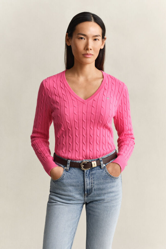 Camisola com decote em V em malha trançada