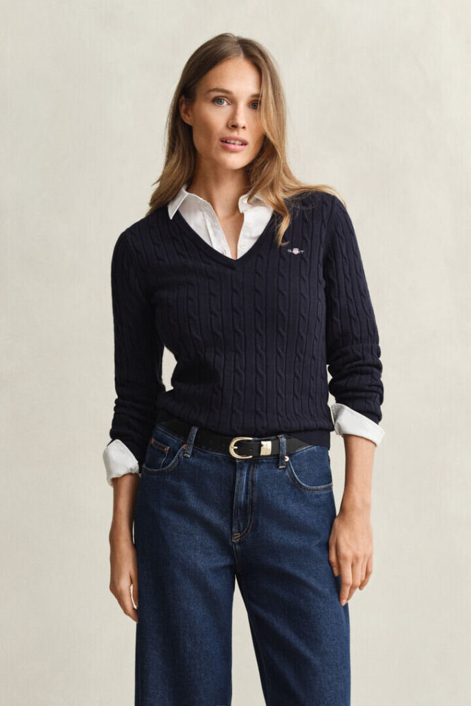 Camisola com decote em V em malha trançada