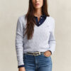 Camisola com decote em V em malha trançada