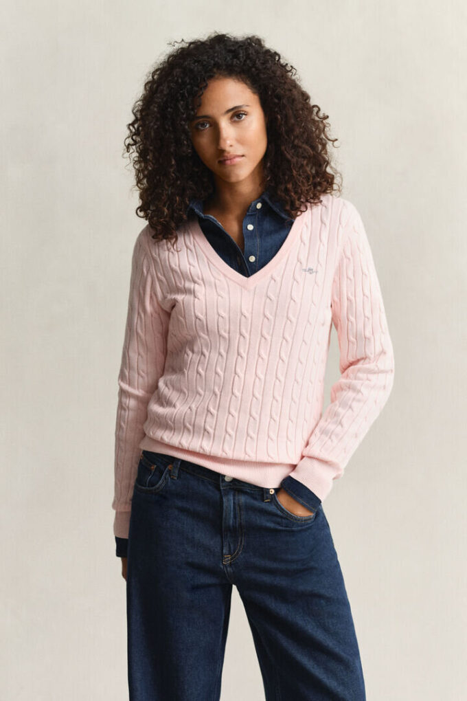 Camisola com decote em V em malha trançada