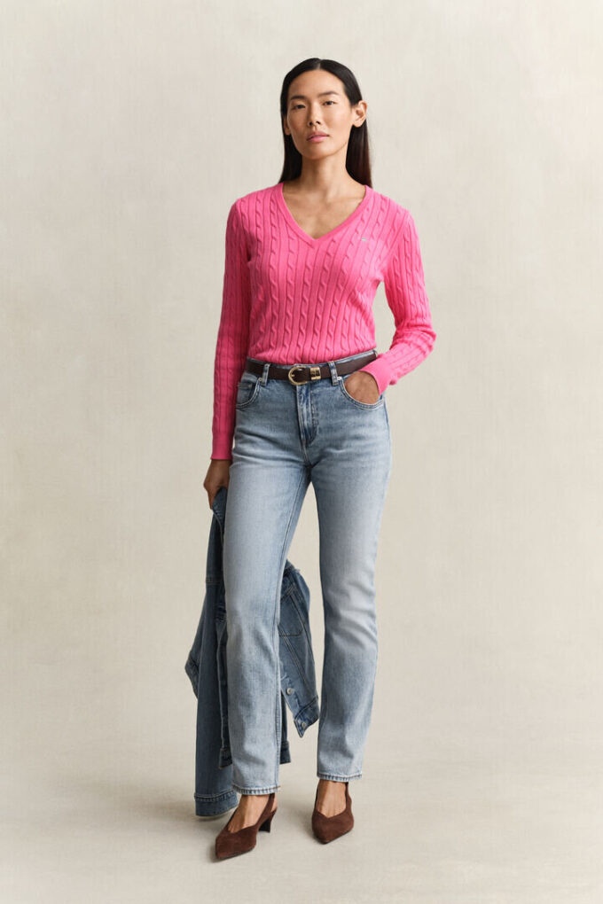 Camisola com decote em V em malha trançada