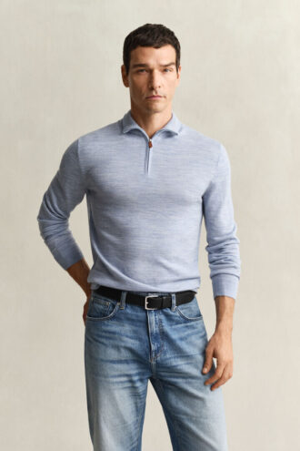 Camisola com meio fecho em lã merino extra fina