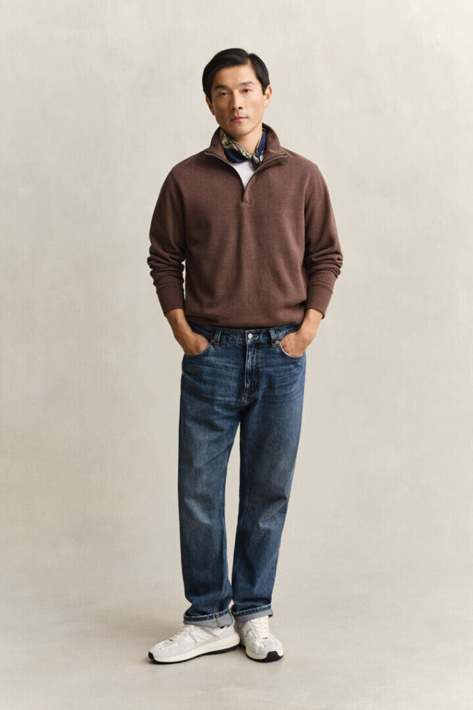 Camisola com meio fecho em malha Sacker Rib