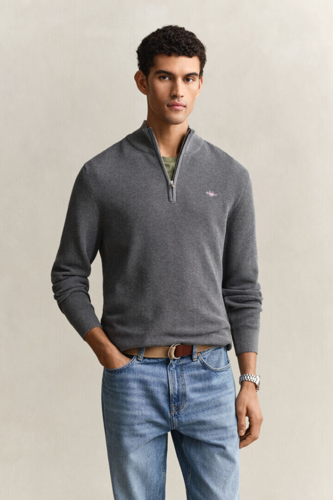 Camisola de algodão texturado com meio fecho