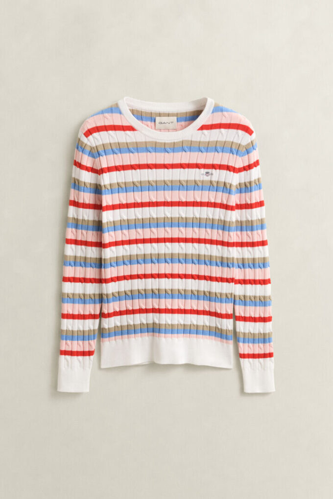 Camisola de gola redonda com malha trançada às riscas