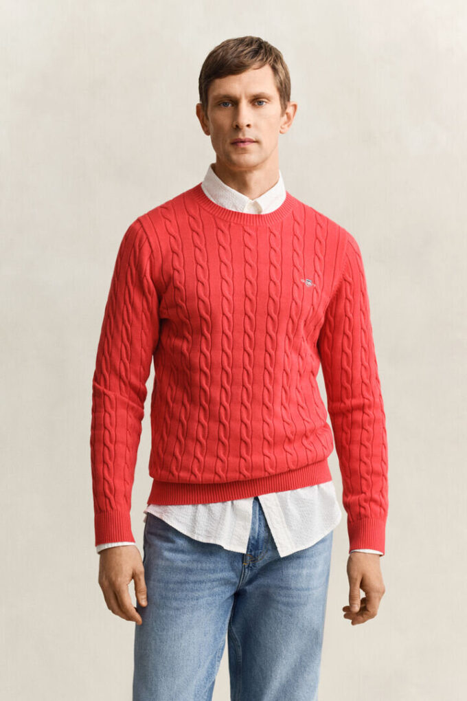Camisola de gola redonda em malha trançada de algodão