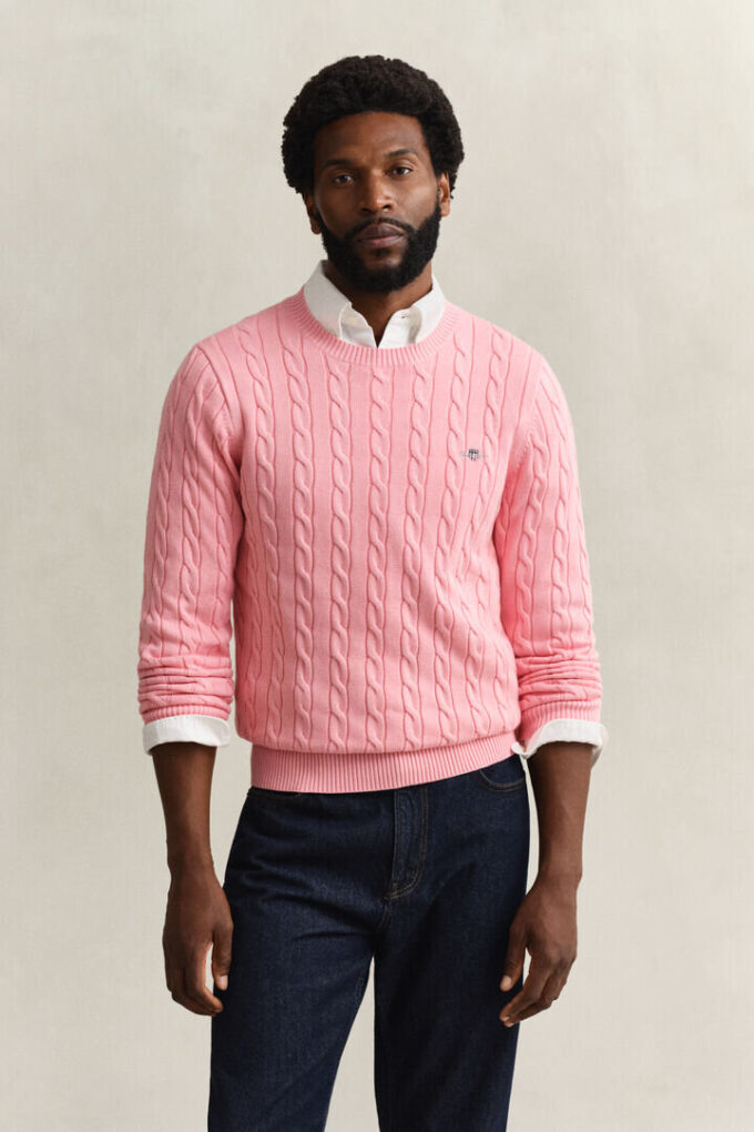 Camisola de gola redonda em malha trançada de algodão