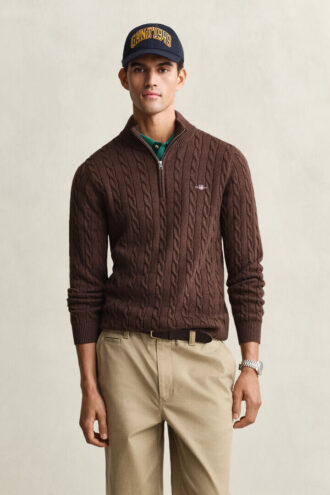 Camisola de malha trançada com meio fecho