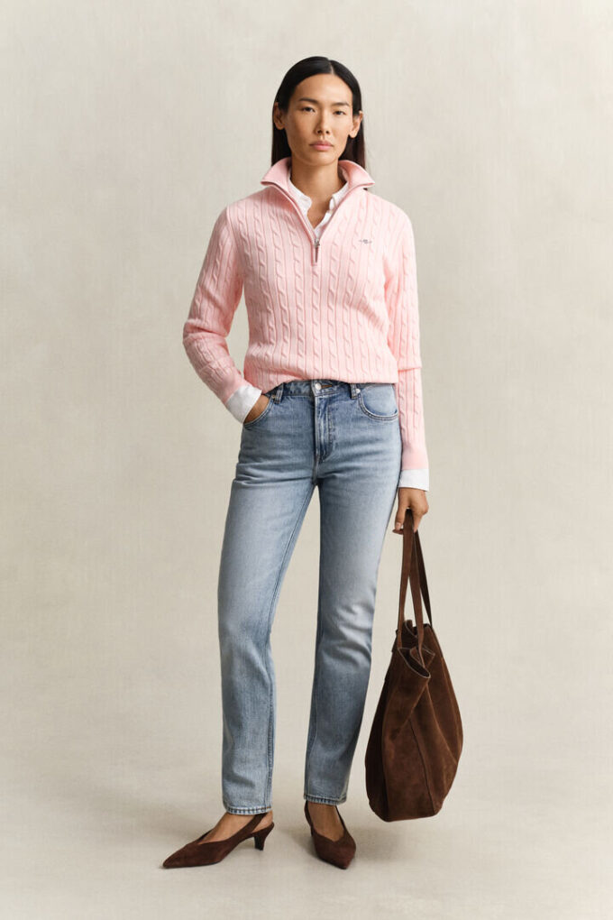 Camisola de malha trançada com meio fecho