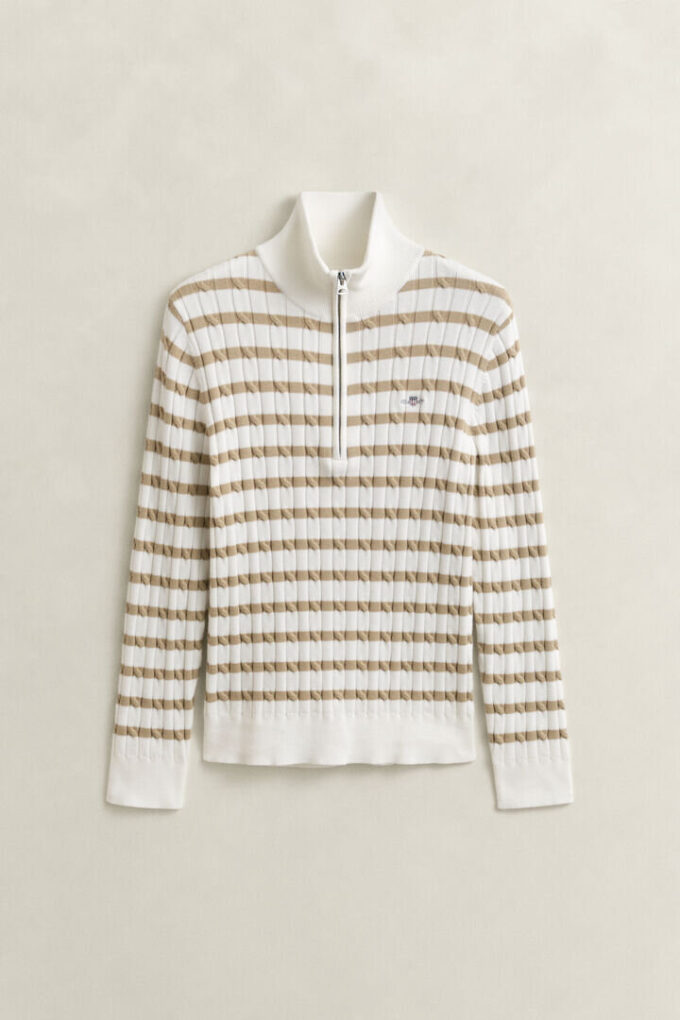 Camisola de malha trançada às riscas com meio fecho