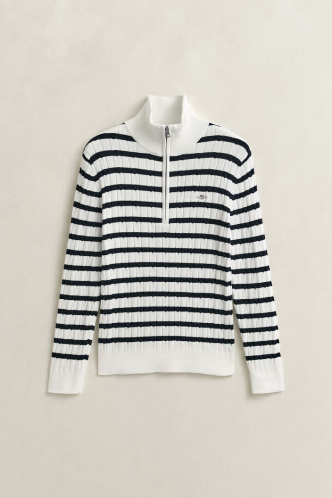 Camisola de malha trançada às riscas com meio fecho