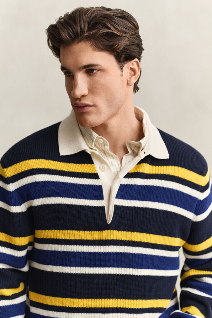 Camisola polo com canelado às riscas