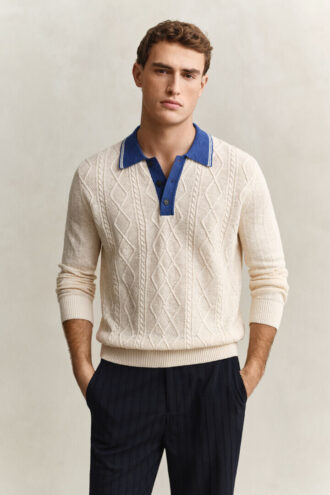 Camisola polo com malha trançada