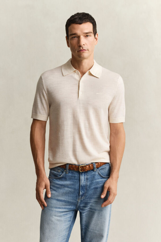Camisola polo de calções em lã merino extra fina