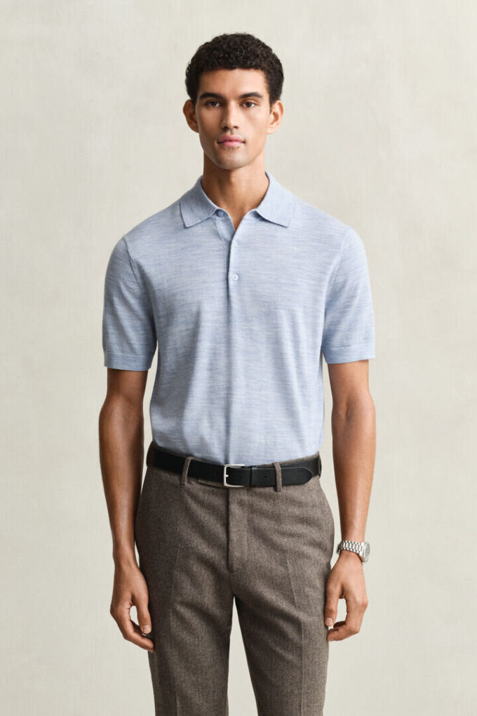 Camisola polo de calções em lã merino extra fina
