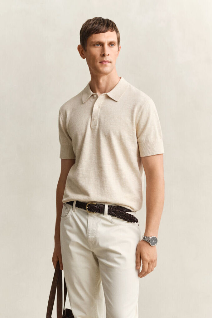 Camisola polo de calções em mistura de algodão slub