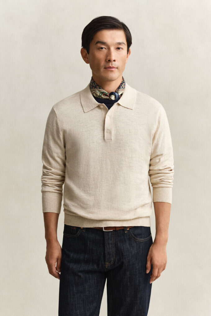 Camisola polo em mistura de algodão slub