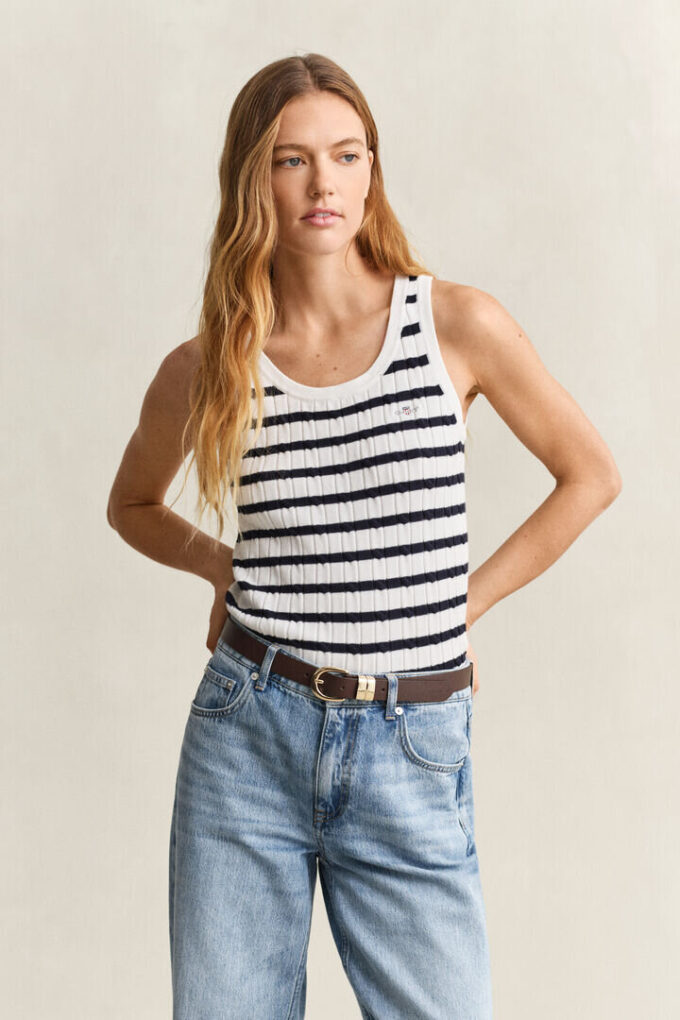 Camisola sem mangas com malha trançada às riscas