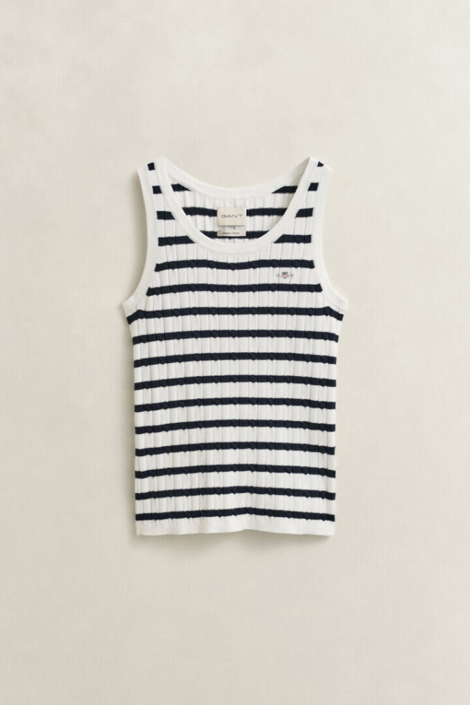 Camisola sem mangas com malha trançada às riscas