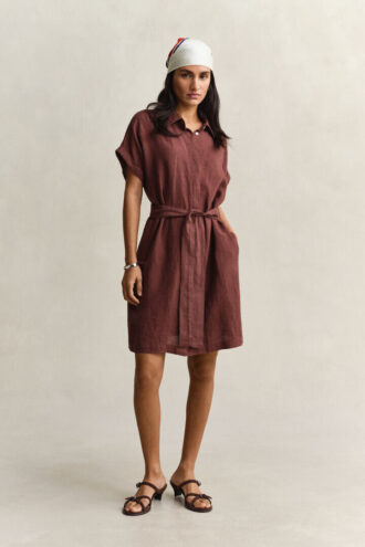 Vestido camisa de linho com mangas curtas