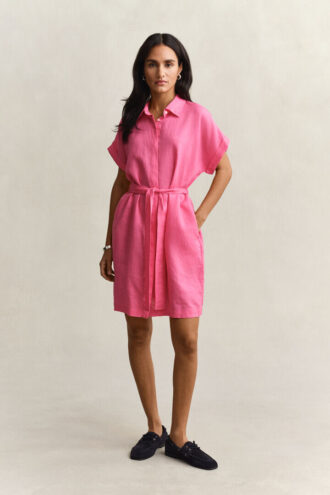 Vestido camisa de linho com mangas curtas