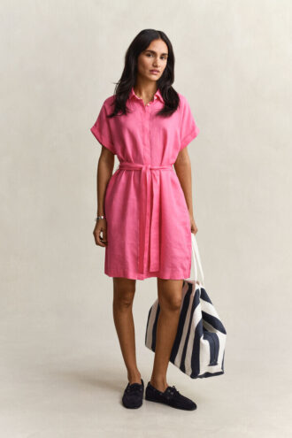 Vestido camisa de linho com mangas curtas