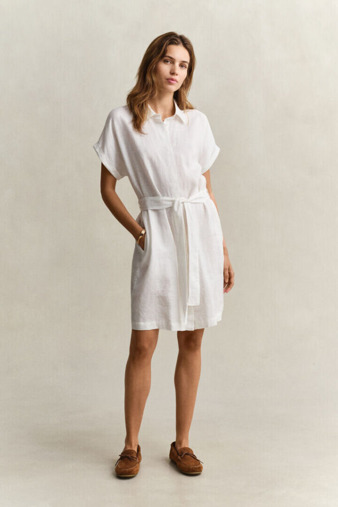 Vestido camisa de linho com mangas curtas