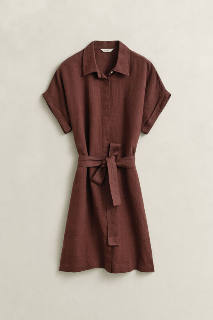 Vestido camisa de linho com mangas curtas