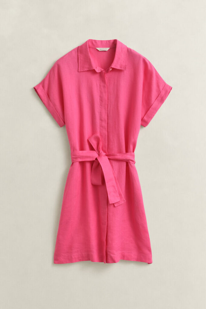 Vestido camisa de linho com mangas curtas