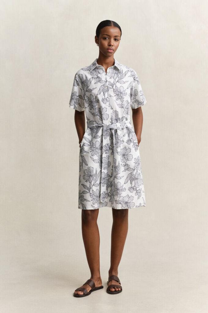 Vestido de camisa de linho com padrão floral
