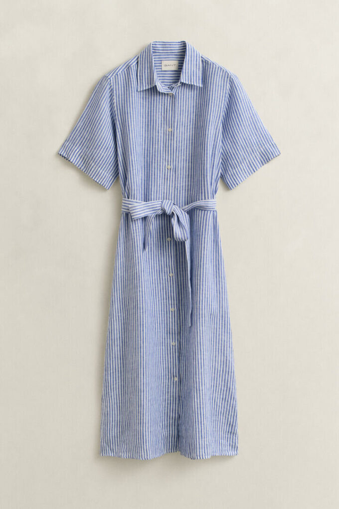 Vestido de camisa de linho às riscas