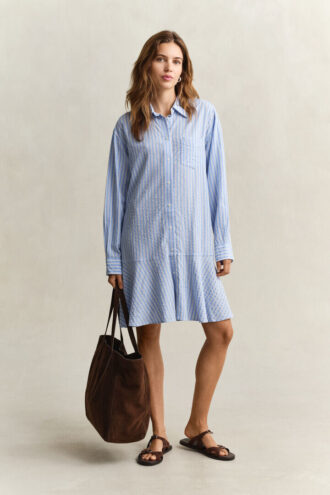 Vestido de camisa às riscas em seersucker