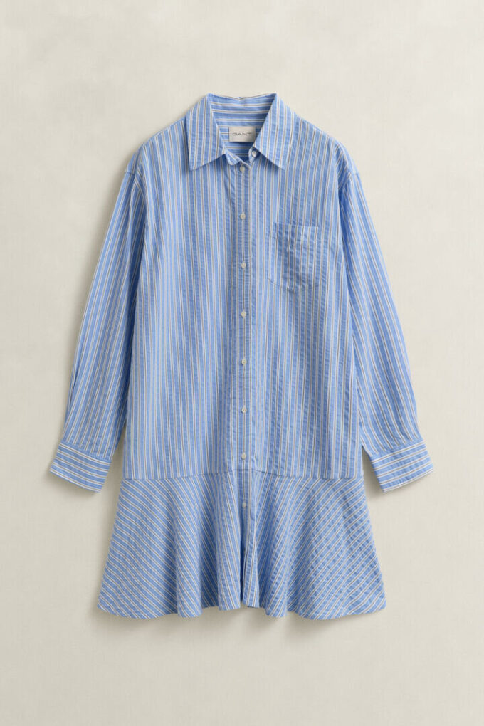 Vestido de camisa às riscas em seersucker