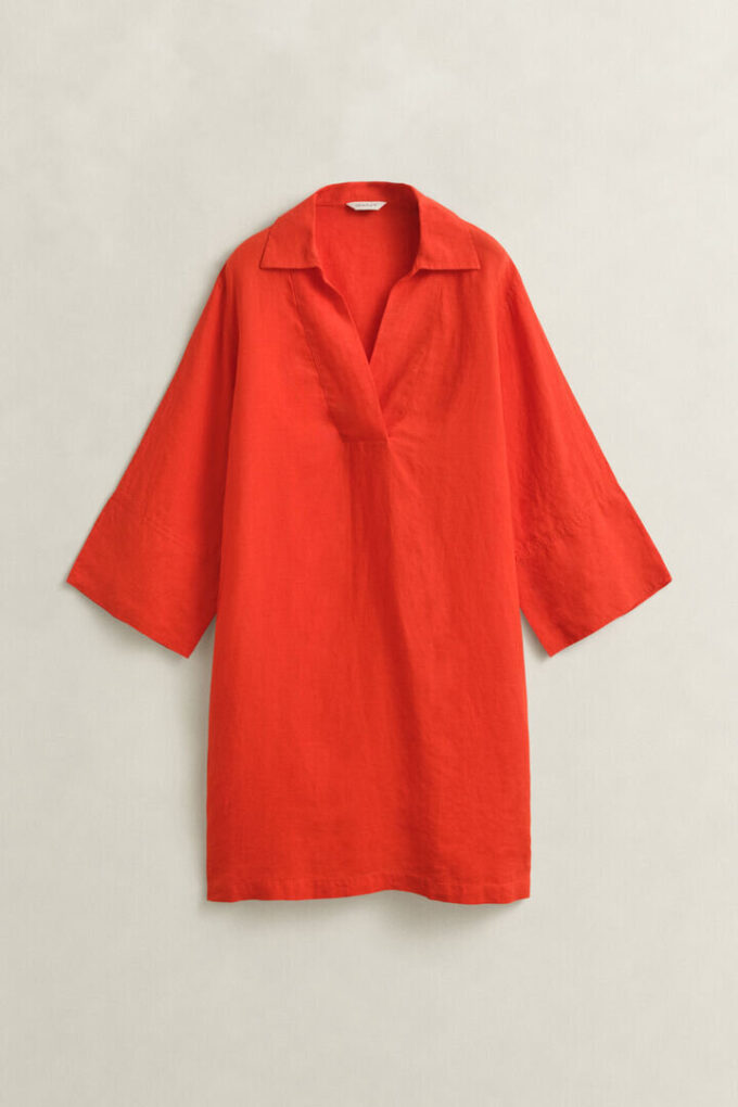 Vestido de linho com gola aberta